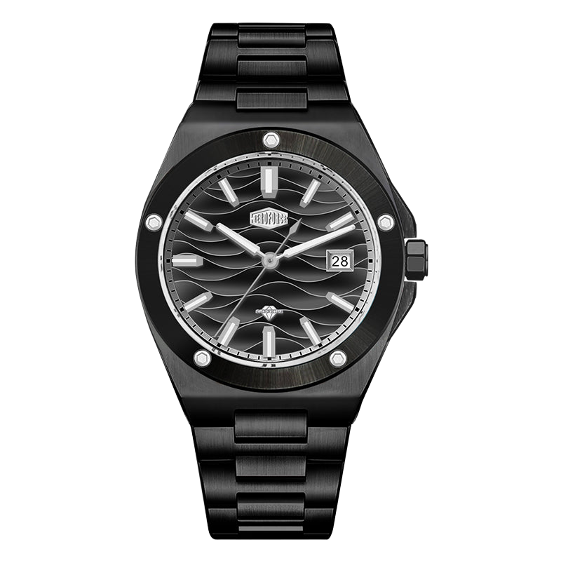A black stainless steel wristwatch with a wave-patterned dial, silver-tone hands and markers, and a date window, shown against a plain white background.