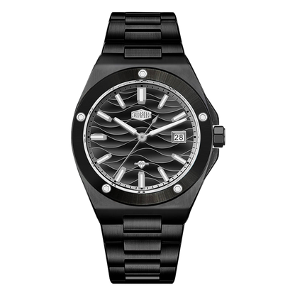 A black stainless steel wristwatch with a wave-patterned dial, silver-tone hands and markers, and a date window, shown against a plain white background.