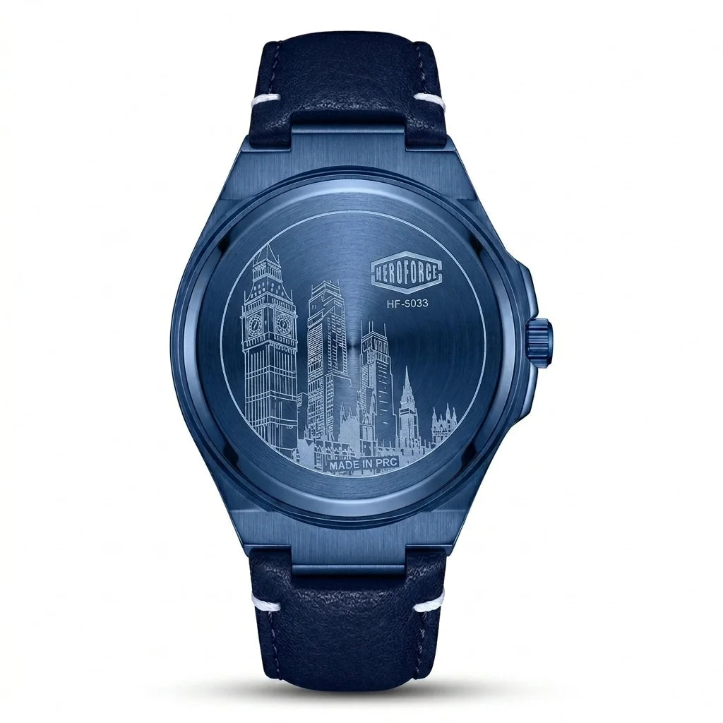 A blue stainless steel wristwatch with a matching blue leather strap, featuring an engraved city skyline design on the dial.