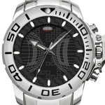 A close-up of a silver stainless steel wristwatch with a black textured dial, featuring a rotating bezel with white markings and a geometric wing-like graphic on the face.