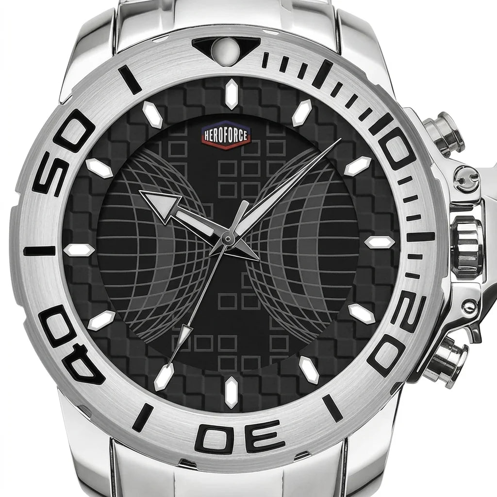 A close-up of a silver stainless steel wristwatch with a black textured dial, featuring a rotating bezel with white markings and a geometric wing-like graphic on the face.