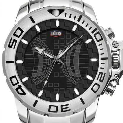A close-up of a silver stainless steel wristwatch with a black textured dial, featuring a rotating bezel with white markings and a geometric wing-like graphic on the face.
