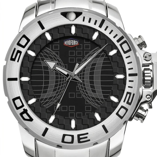 A close-up of a silver stainless steel wristwatch with a black textured dial, featuring a rotating bezel with white markings and a geometric wing-like graphic on the face.