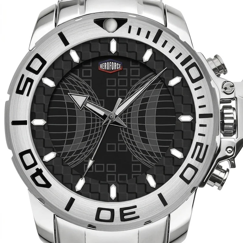 A close-up of a silver stainless steel wristwatch with a black textured dial, featuring a rotating bezel with white markings and a geometric wing-like graphic on the face.