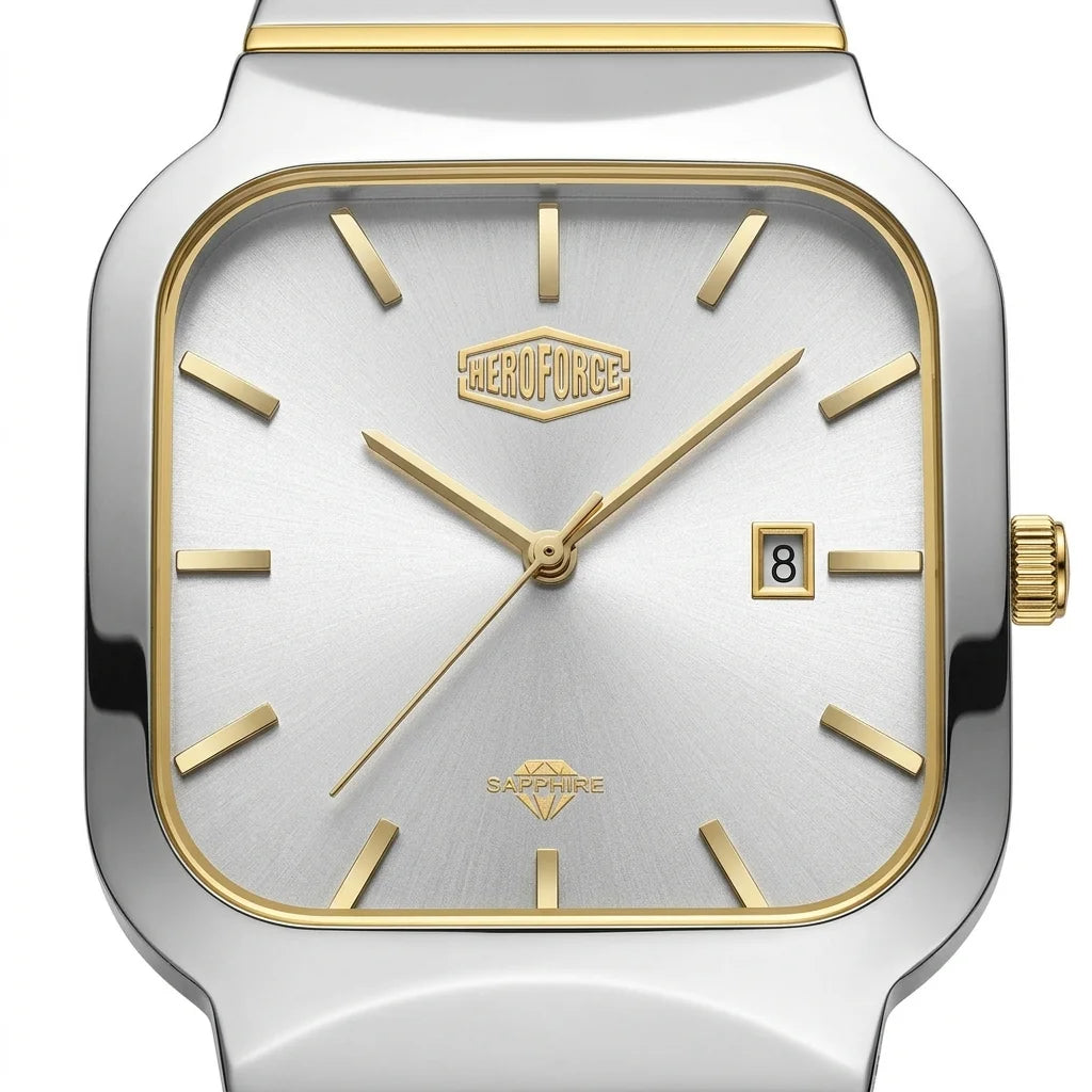 A close-up of a two-tone stainless steel and gold wristwatch with a silver dial, gold-tone hands and markers, and a date window at 3 o'clock.