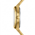 A close-up side profile of a gold-tone metal watch with a matching link bracelet, set against a clean white background.