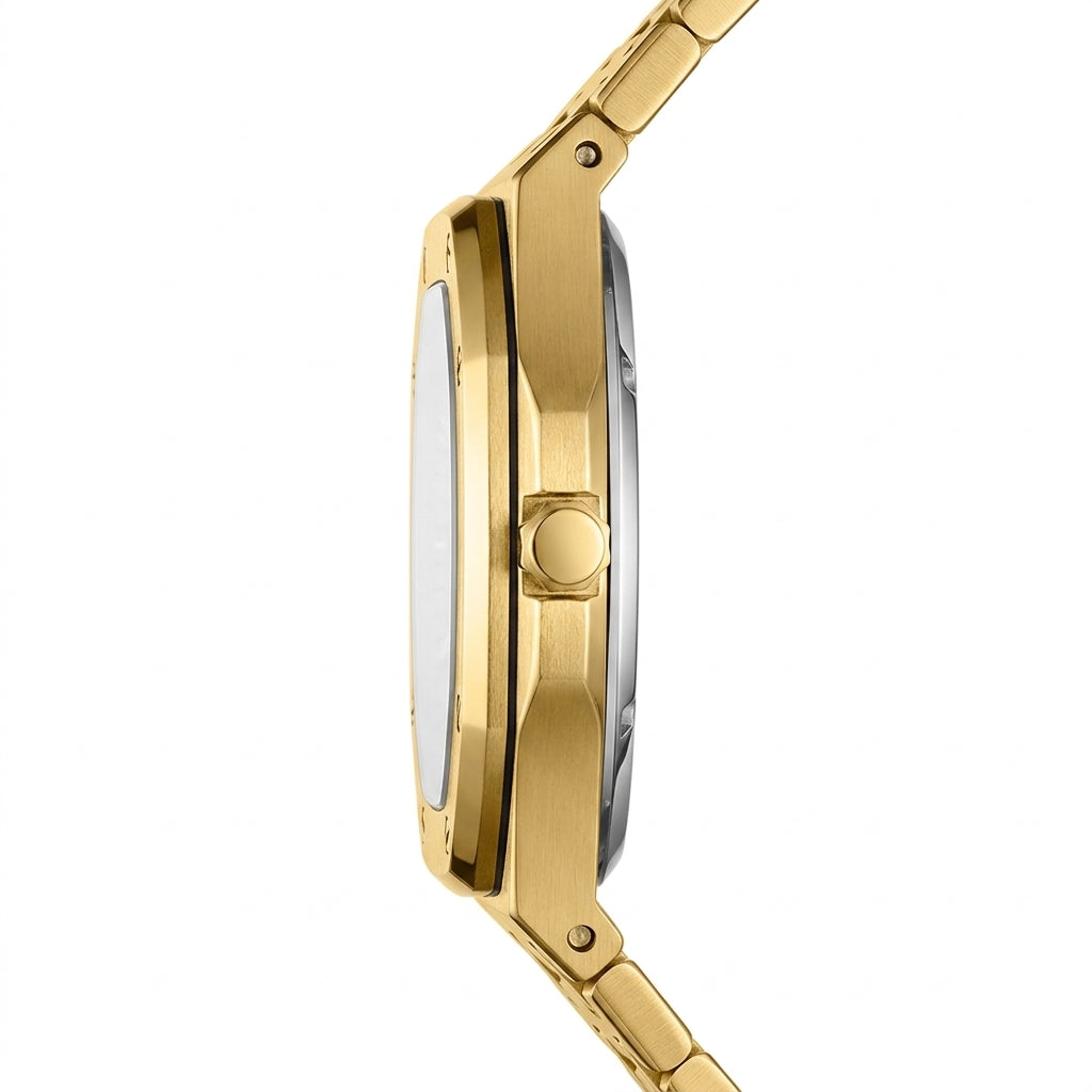 A close-up side profile of a gold-tone metal watch with a matching link bracelet, set against a clean white background.