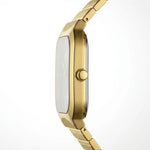 A close-up side profile of a gold-tone smartwatch with a rectangular face and matching metal link band, shown against a clean white background.