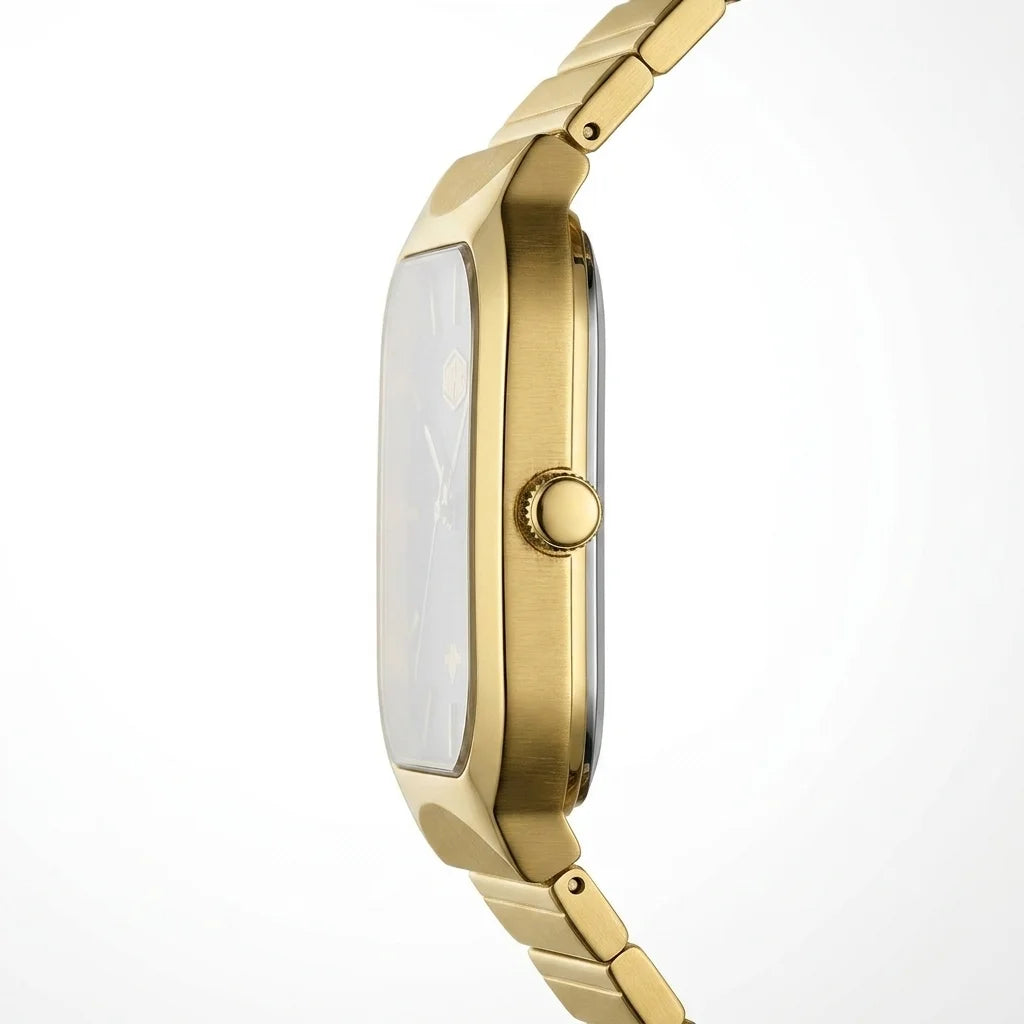 A close-up side profile of a gold-tone smartwatch with a rectangular face and matching metal link band, shown against a clean white background.