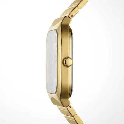 A close-up side profile of a gold-tone smartwatch with a rectangular face and matching metal link band, shown against a clean white background.