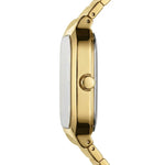 A close-up side profile of a gold-tone watch with a rectangular face and matching metal link band, shown against a plain white background.