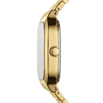 A close-up side profile of a gold-tone watch with a rectangular face and matching metal link band, shown against a plain white background.
