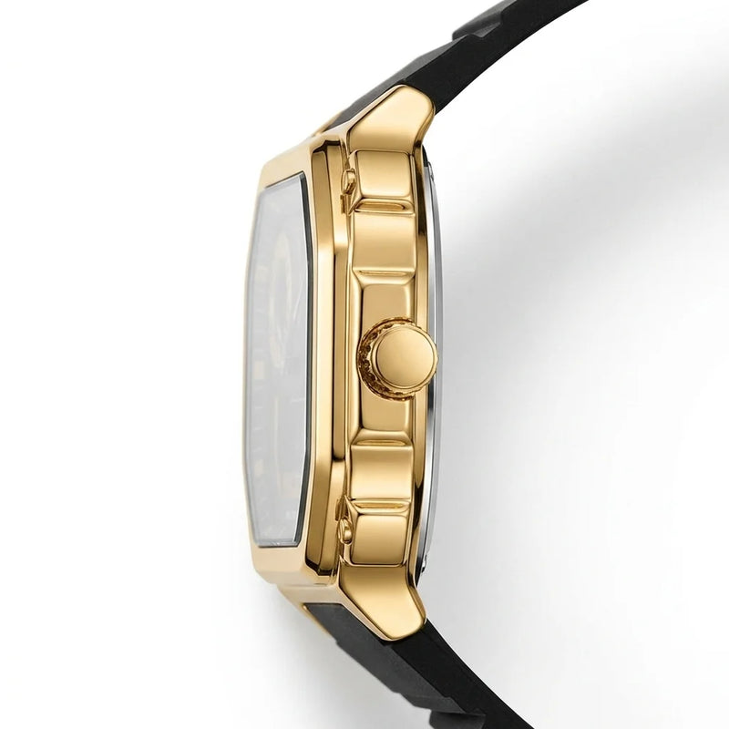 A close-up side profile of a luxury watch featuring a polished gold-tone case, a white dial, and a black strap, set against a clean white background.