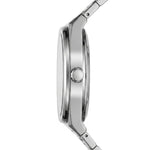 A close-up side profile of a stainless steel analog watch with a matching metal link band, set against a plain white background.