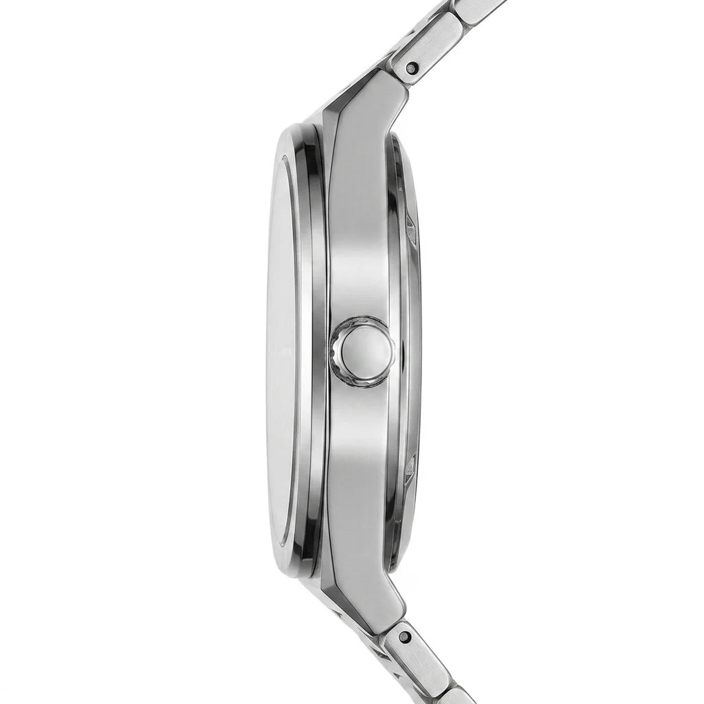 A close-up side profile of a stainless steel analog watch with a matching metal link band, set against a plain white background.