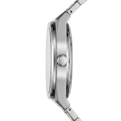 A close-up side profile of a stainless steel analog watch with a matching metal link band, set against a plain white background.