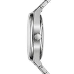 A close-up side profile of a stainless steel smartwatch with a matching metal link band, set against a plain white background.