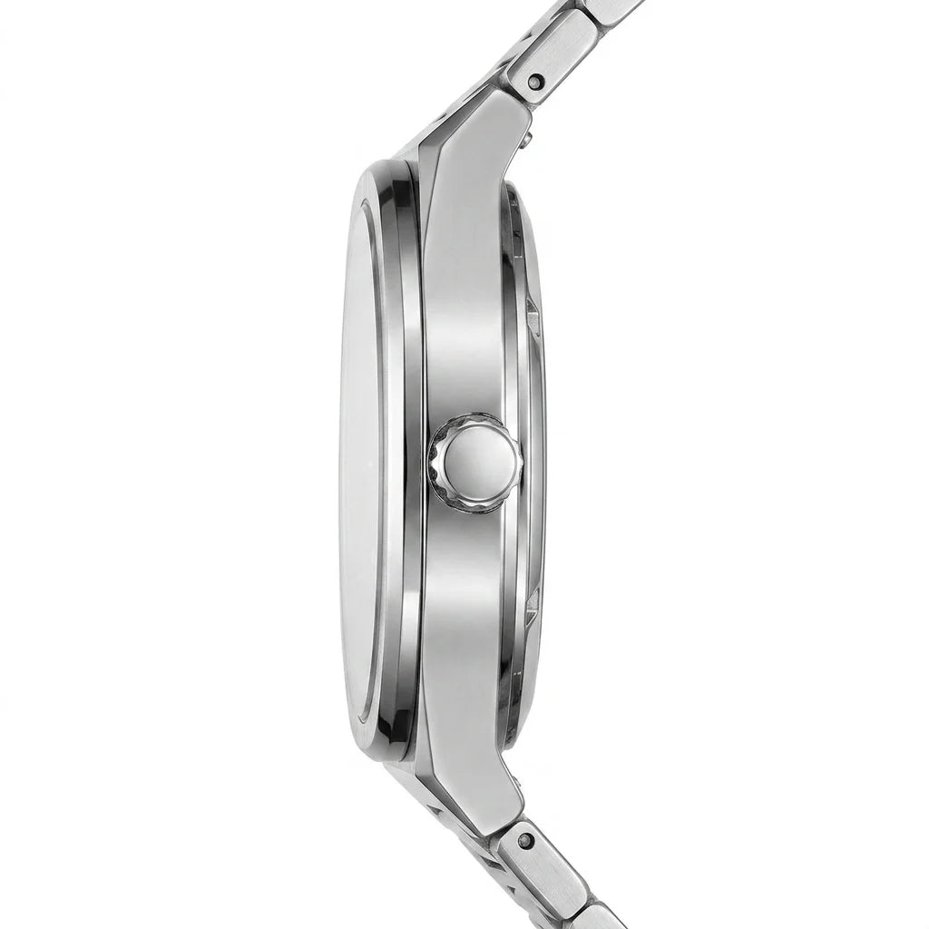 A close-up side profile of a stainless steel smartwatch with a matching metal link band, set against a plain white background.