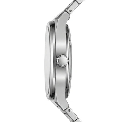 A close-up side profile of a stainless steel smartwatch with a matching metal link band, set against a plain white background.