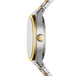 A close-up side profile of a two-tone stainless steel and gold watch with a white dial