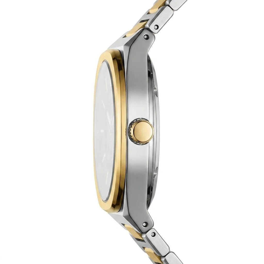 A close-up side profile of a two-tone stainless steel and gold watch with a white dial