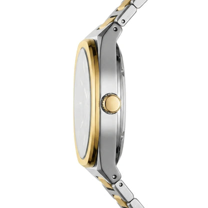 A close-up side profile of a two-tone stainless steel and gold watch with a white dial