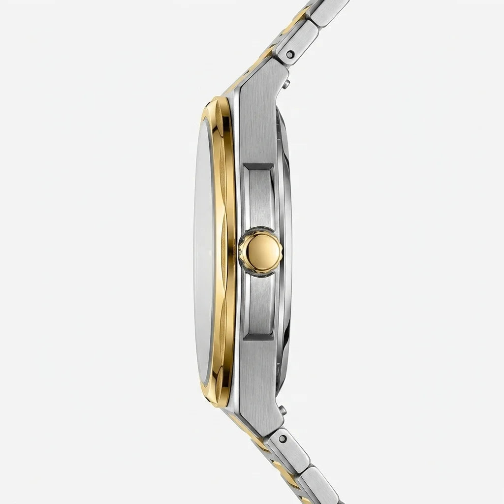 A close-up side profile of a two-tone stainless steel and gold watch with a matching metal link bracelet, set against a clean, light gray background.