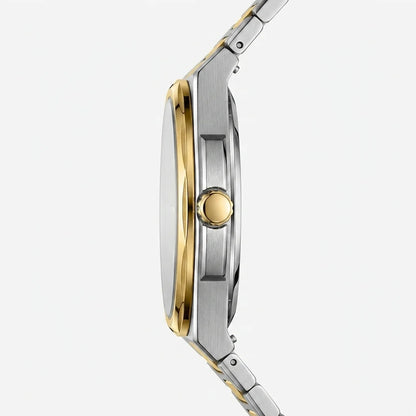 A close-up side profile of a two-tone stainless steel and gold watch with a matching metal link bracelet, set against a clean, light gray background.