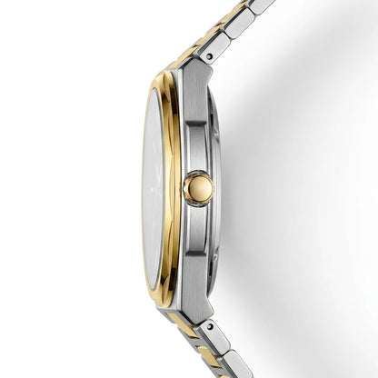 A close-up side profile of a two-tone stainless steel and gold watch with a silver dial and matching metal link bracelet, set against a clean white background.