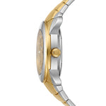 A close-up side profile of a two-tone stainless steel and yellow gold watch with a matching two-tone metal link bracelet on a solid white background.