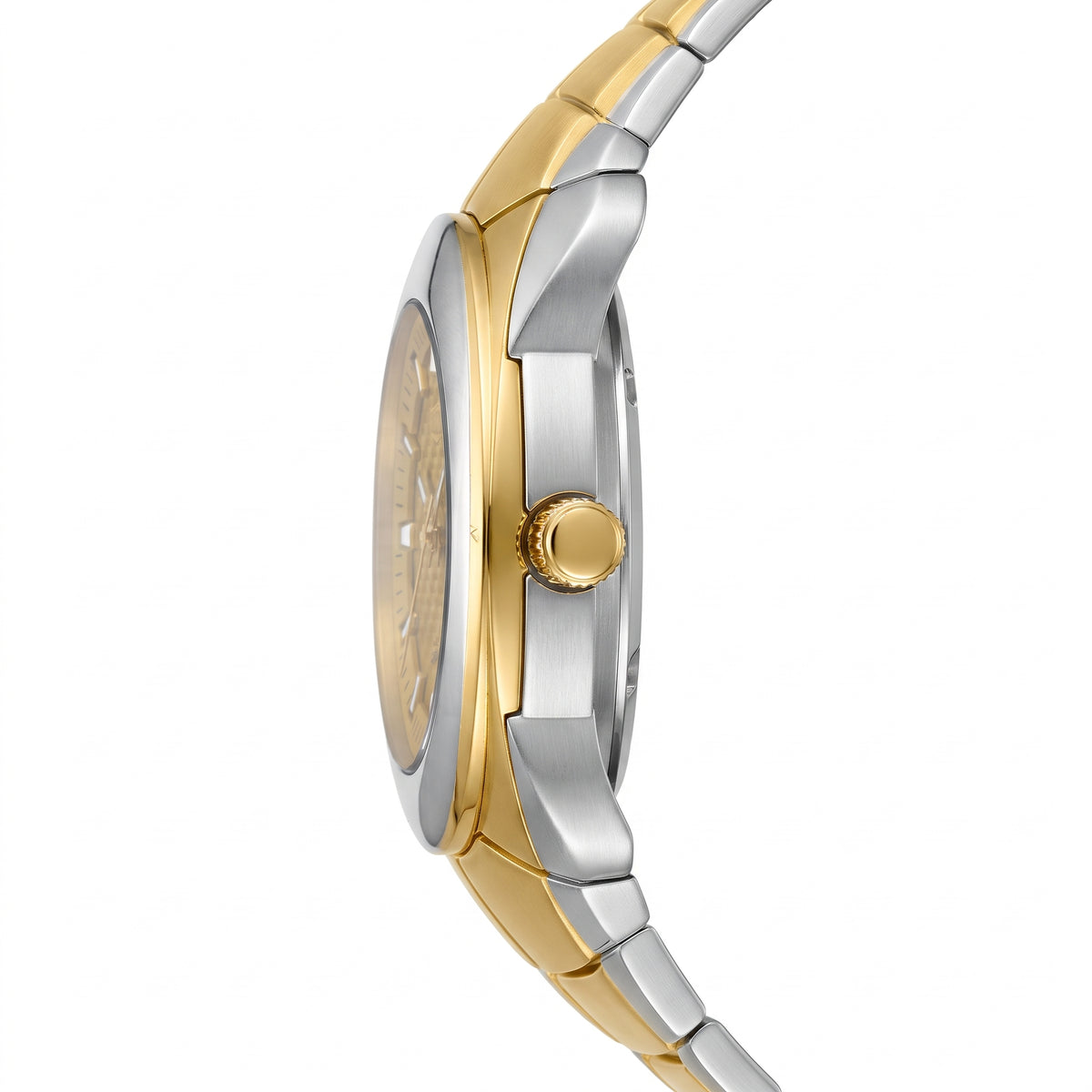 A close-up side profile of a two-tone stainless steel and yellow gold watch with a matching two-tone metal link bracelet on a solid white background.