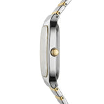 A close-up side profile of a two-tone stainless steel and gold watch with a rectangular silver dial and a gold crown, set against a plain white background.