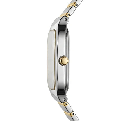 A close-up side profile of a two-tone stainless steel and gold watch with a rectangular silver dial and a gold crown, set against a plain white background.