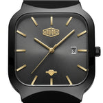 A close-up studio shot of a HEROFORCE wristwatch with a matte black case, a dark gray textured dial, and gold-tone hands, indices, and logo details.