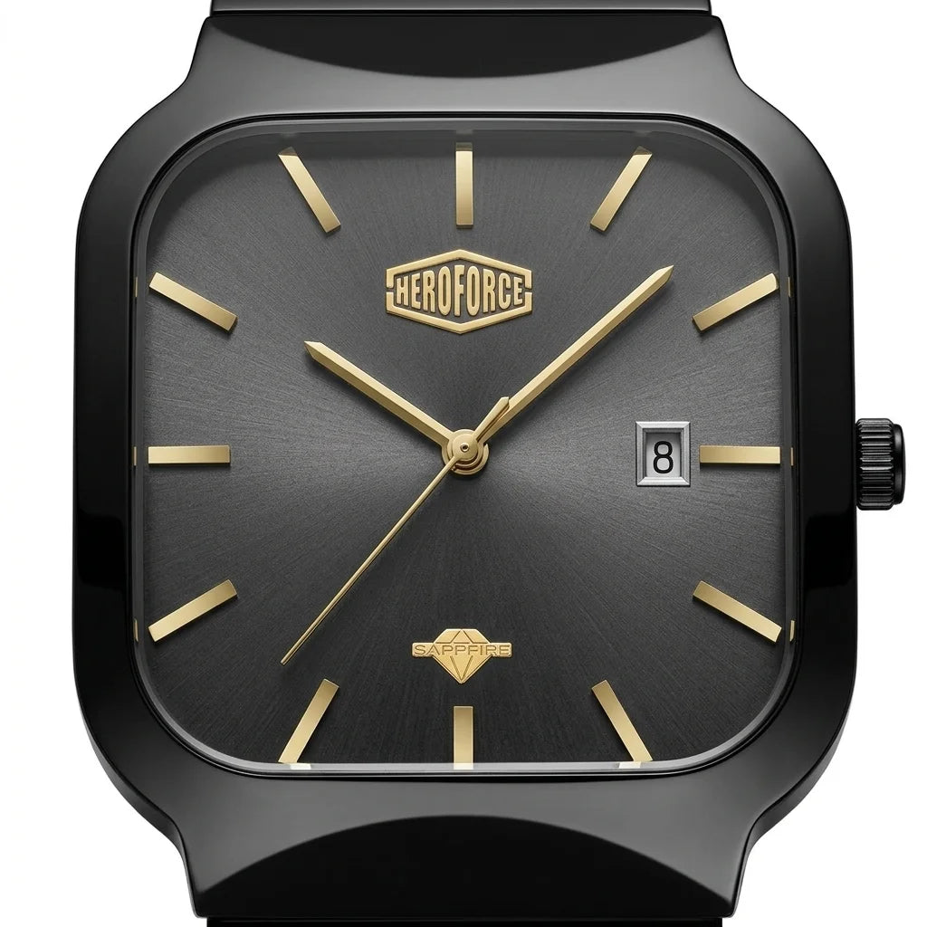 A close-up studio shot of a HEROFORCE wristwatch with a matte black case, a dark gray textured dial, and gold-tone hands, indices, and logo details.