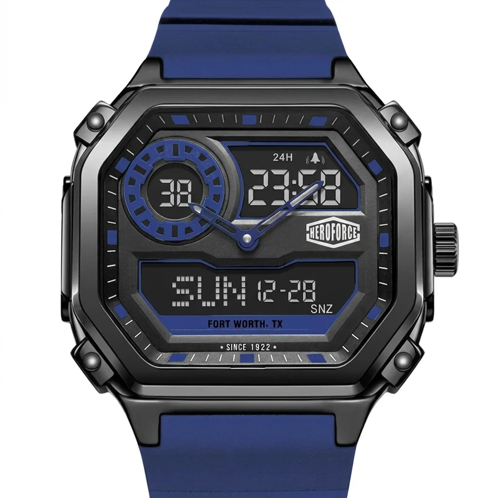 A close up of rugged analog-digital wristwatch with a matte black octagonal case, blue strap, and blue display details.