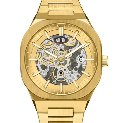 A gold-tone automatic watch with a skeleton dial showing the inner mechanical movement. The brand name 'HEROFORCE' is visible on the dial.