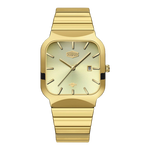 A gold-tone men's watch with a square bezel, matching gold-tone metal bracelet, and a pale cream dial featuring stick indices and a date window.