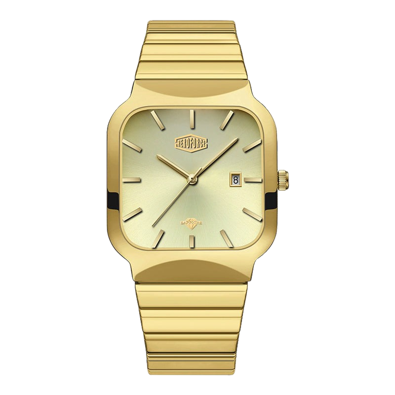 A gold-tone men's watch with a square bezel, matching gold-tone metal bracelet, and a pale cream dial featuring stick indices and a date window.
