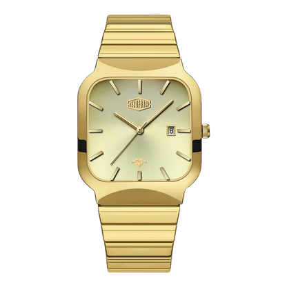 A gold-tone men's watch with a square bezel, matching gold-tone metal bracelet, and a pale cream dial featuring stick indices and a date window.