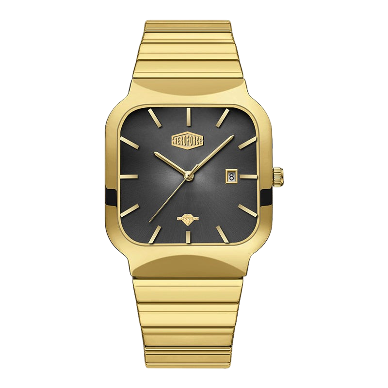 A gold-tone men's watch with a rectangular bezel, black dial, gold hands and markers, and a matching gold-tone link bracelet, shown on a plain white background.