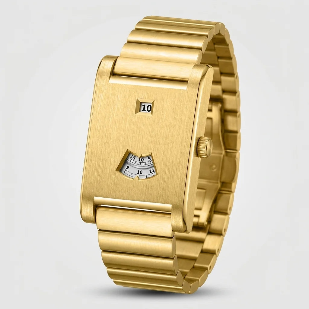 A gold-tone metal wristwatch with a rectangular bezel, matching metal link bracelet, and a small dual-date window on the face, shown on a light gray background.