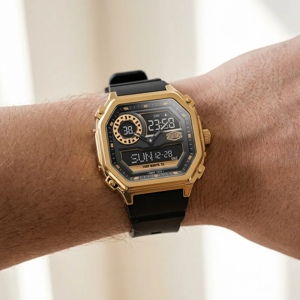A gold-tone octagonal digital watch with a black strap and black face, worn on a person's wrist against a softly blurred light background.