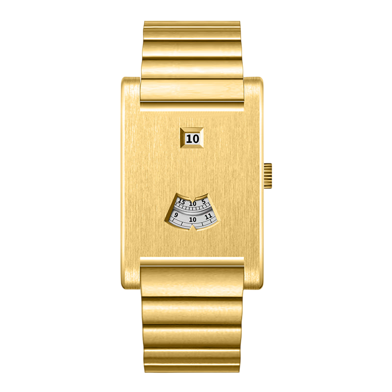 A gold-tone rectangular analog watch with a matching metal link bracelet, featuring a small date window and a small fan-shaped day indicator on the dial, shown against a plain white background.