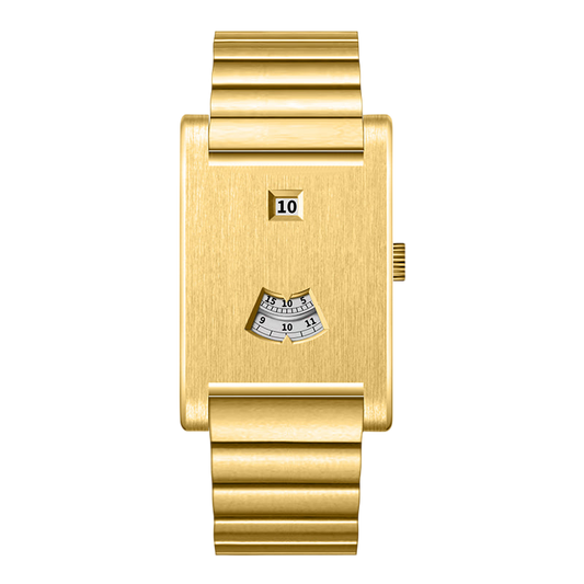 A gold-tone rectangular analog watch with a matching metal link bracelet, featuring a small date window and a small fan-shaped day indicator on the dial, shown against a plain white background.