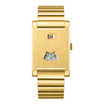 A gold-tone rectangular analog watch with a matching metal link bracelet, featuring a small date window and a small fan-shaped day indicator on the dial, shown against a plain white background.