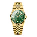 A gold-tone stainless steel watch with a green honeycomb-patterned dial, fluted bezel, and matching gold-tone link bracelet, shown against a plain white background.
