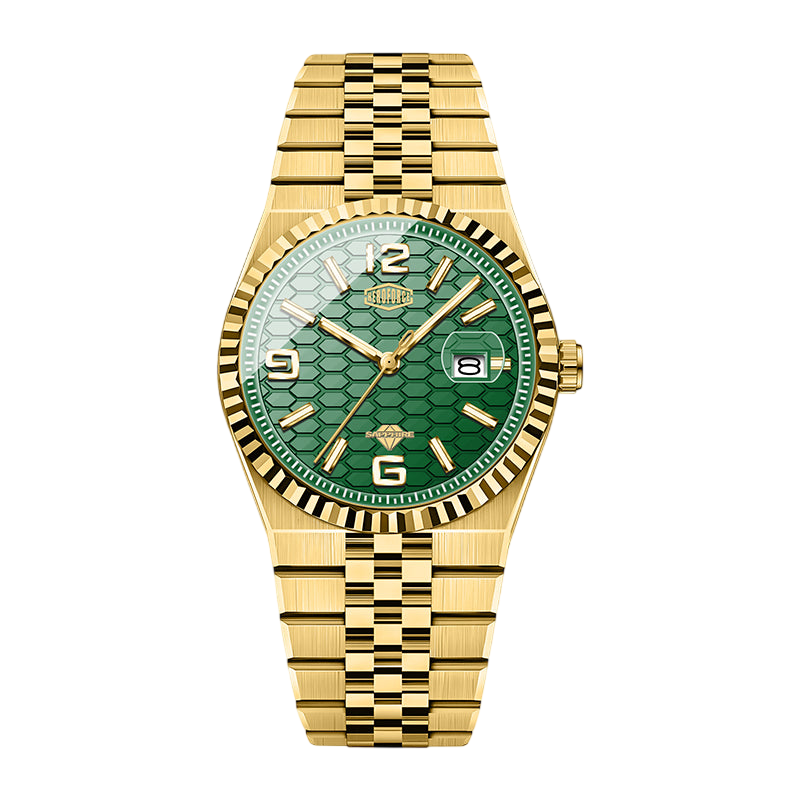 A gold-tone stainless steel watch with a green honeycomb-patterned dial, fluted bezel, and matching gold-tone link bracelet, shown against a plain white background.