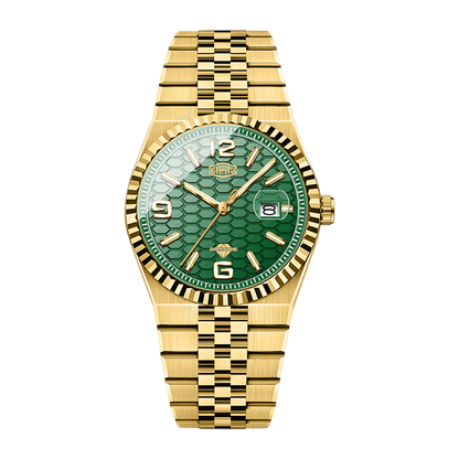A gold-tone stainless steel watch with a green honeycomb-patterned dial, fluted bezel, and matching gold-tone link bracelet, shown against a plain white background.
