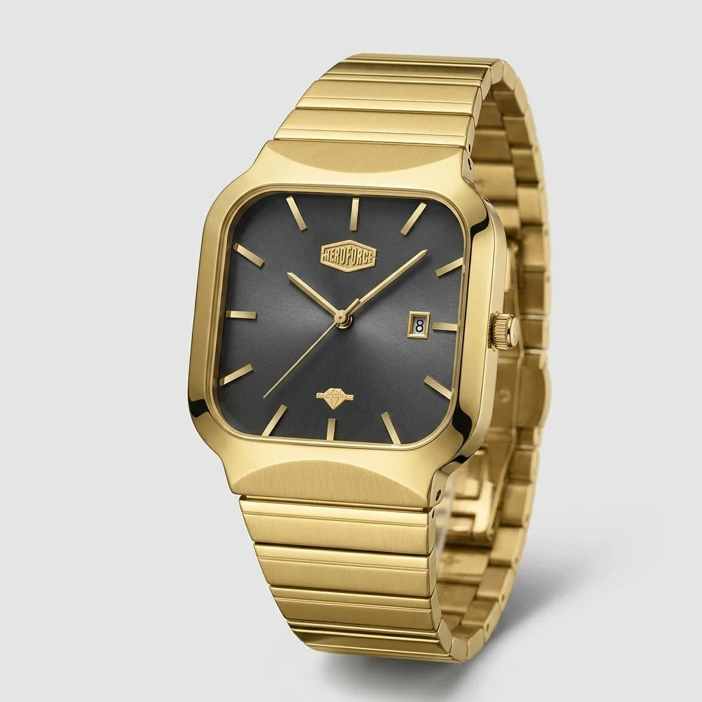 A gold-tone stainless steel watch with a rectangular, rounded black square dial and a matching gold-tone metal link bracelet, shown on a light gray background.